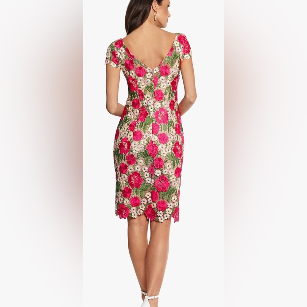 Xscape Womens Short Sleeve Floral Lace Embroidered Sheath Midi Dress 8 - Picture 2 of 4